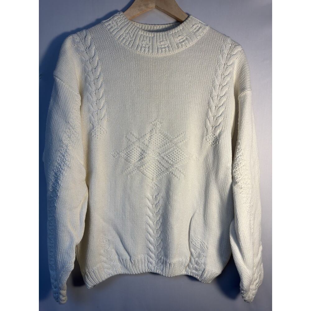 Vintage Woolrich Fisherman‎ Cable Knit Cotton Sweater Cream Made USA XL